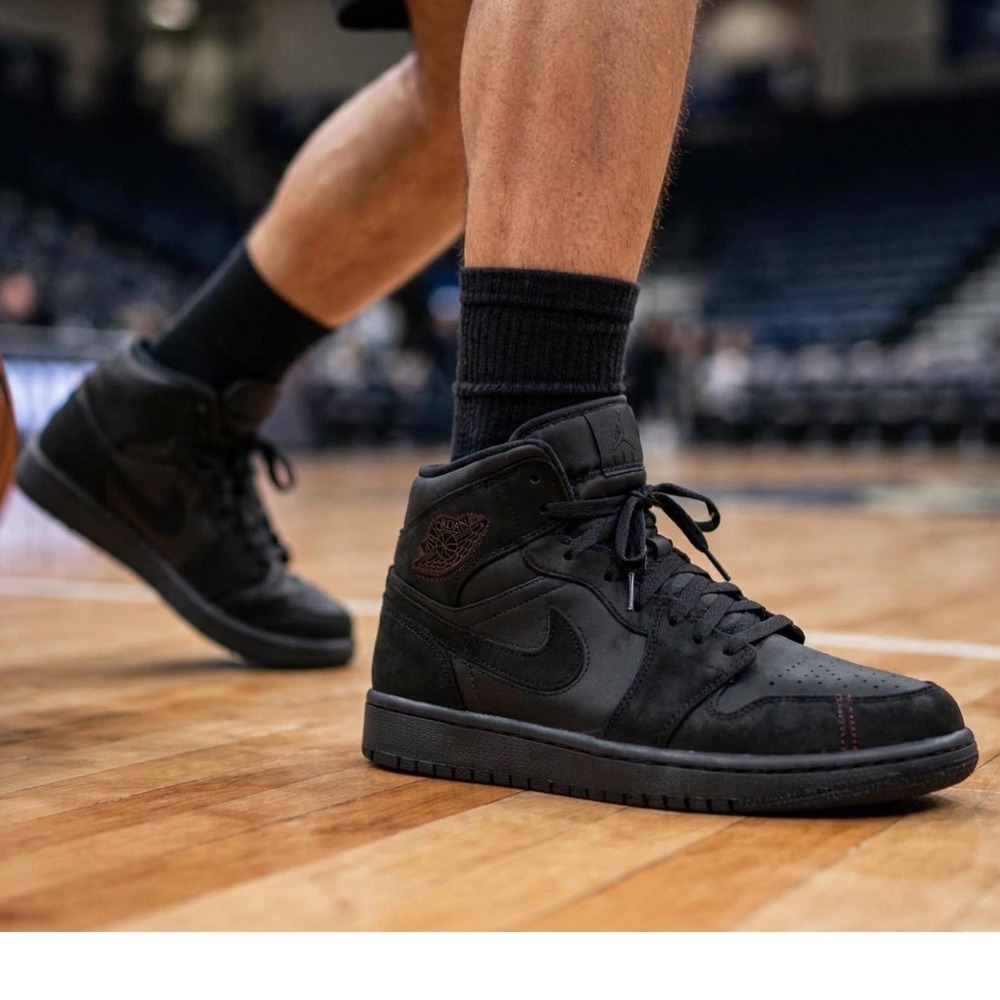 Nike Air Jordan 1 Mid Black Red Stitching Suede Leather Mens Sneakers
